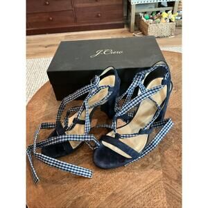 J. Crew Gingham Lace Up Stella Sandals Shoes J2592 $248 Dark Pacific 8 Size